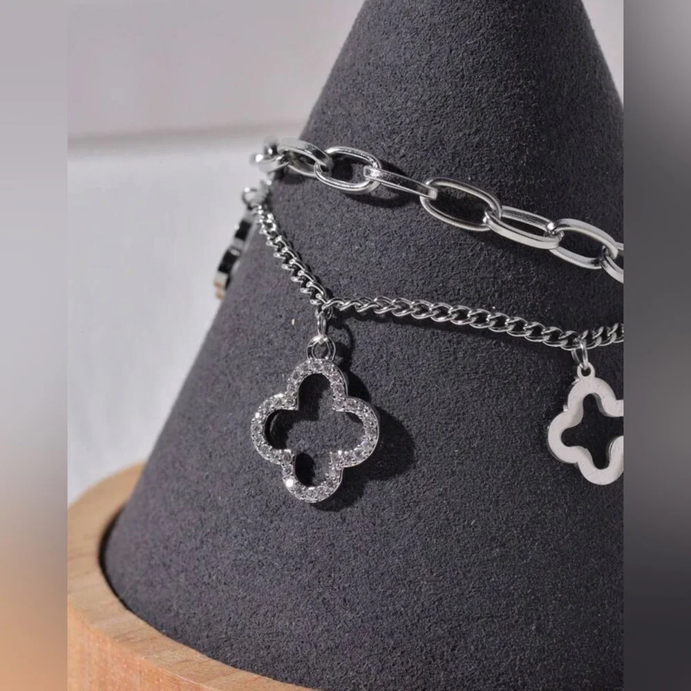 Elegant Silver Bracelet with Motif Flower Charms Double Chain